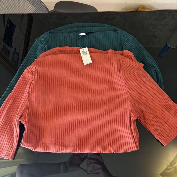 Old Navy Maternity Shirt Bundle Boat Neck Ruched Short Sleeve Green Orange S - Picture 1 of 4